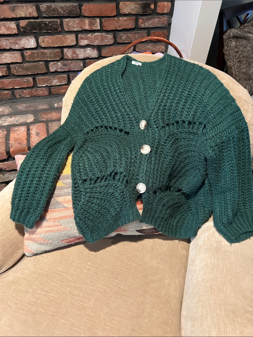 En Creme Forest Green Chunky Knit Button Cardigan